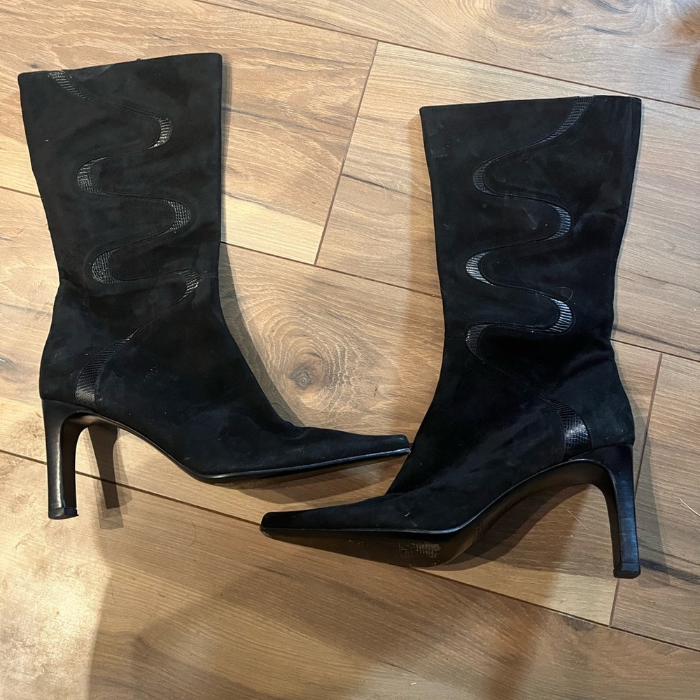 Vintage Paloma Black Suede Boots Made in Italy Size 8.5 Pointed Toe Stiletto